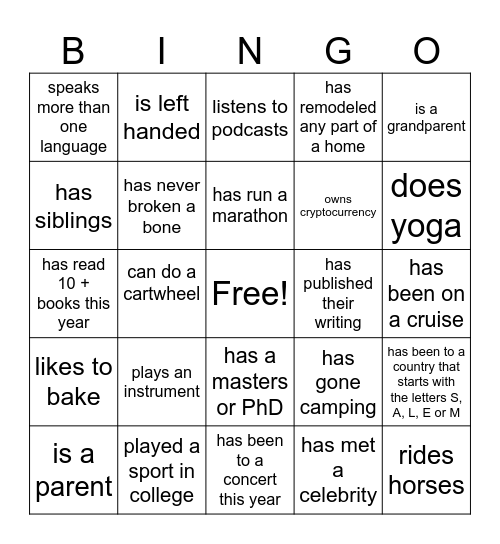 Get To Know You Bingo Card