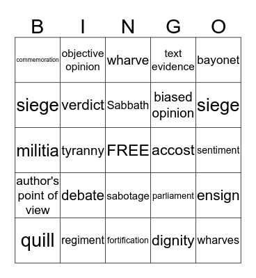 Vocabulary Bingo Card