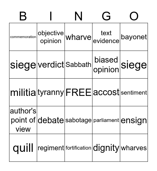 Vocabulary Bingo Card