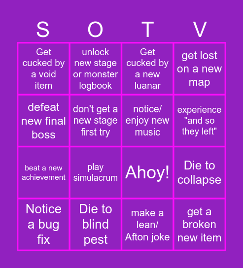 SOTV Console release bingo Card