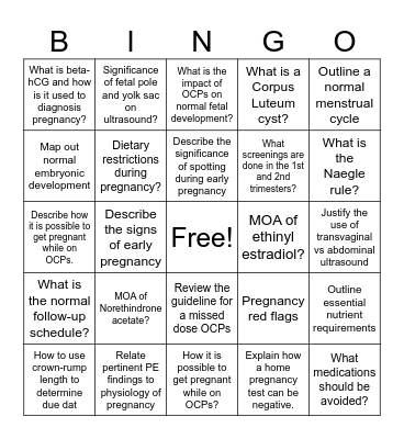 ERR 7.3a Early Pregnancy Bingo Card
