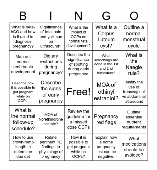 ERR 7.3a Early Pregnancy Bingo Card