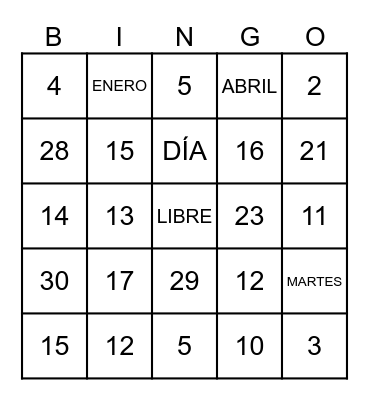Numeros 0-30 Bingo Card