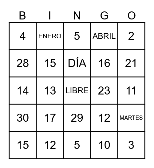 Numeros 0-30 Bingo Card