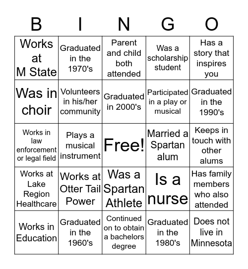 Spartan Alumni Hunt Bingo Card