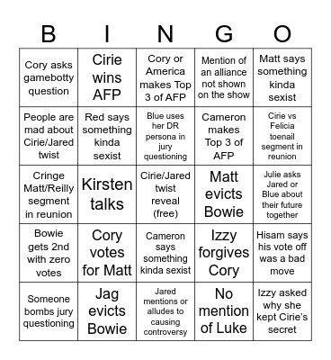 Big Brother 25 Finale Bingo Card