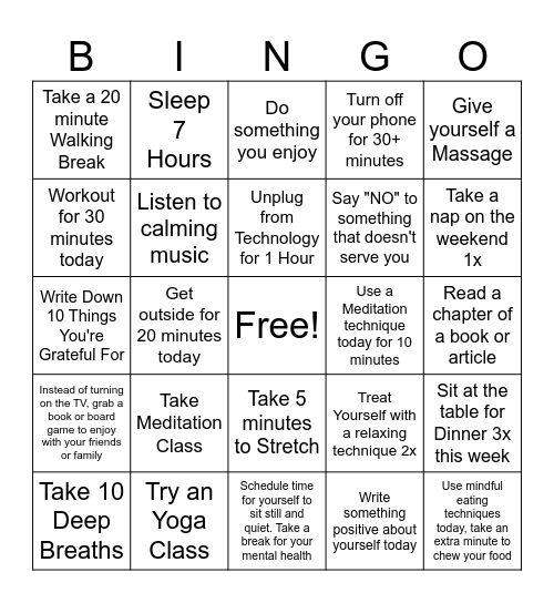 Stress Management Bingo Card