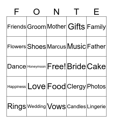 Fonte and Marcus Wedding Bingo Card