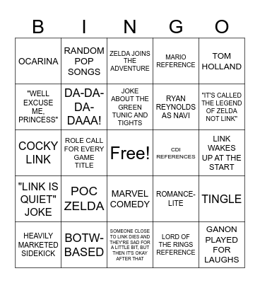 Liam's Zelda Movie Predictions Bingo Card