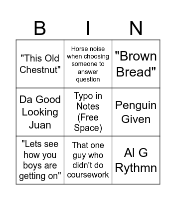 Mr Travi's Bingo Card