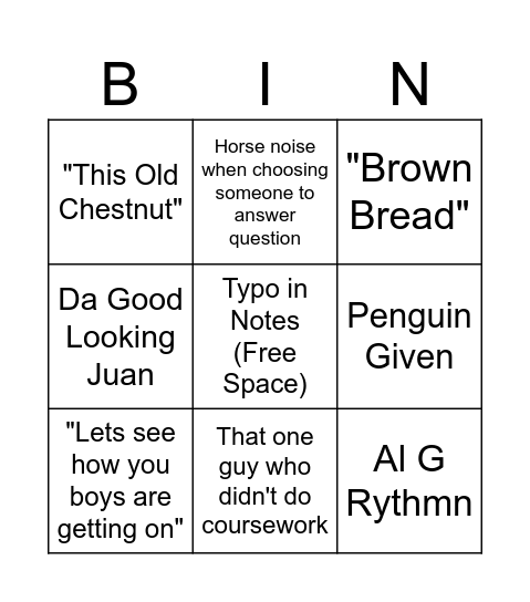 Mr Travi's Bingo Card