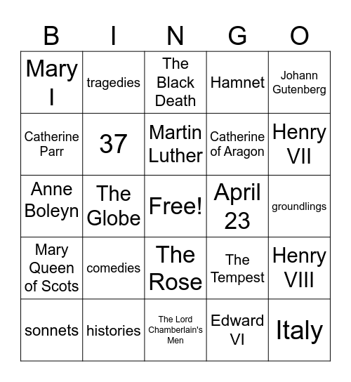 Shakespeare Bingo Card