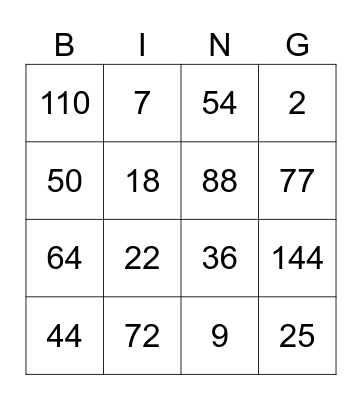 Multiplication Bingo Card