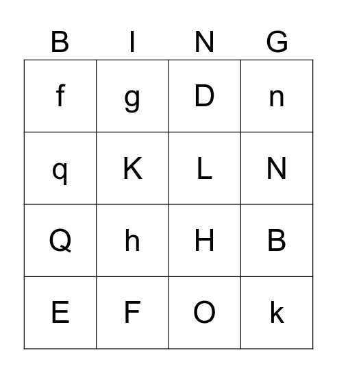 Capital and lower case Bingo Card