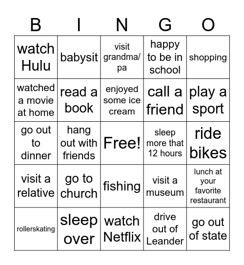 Long weekend Quickwrite Bingo Card