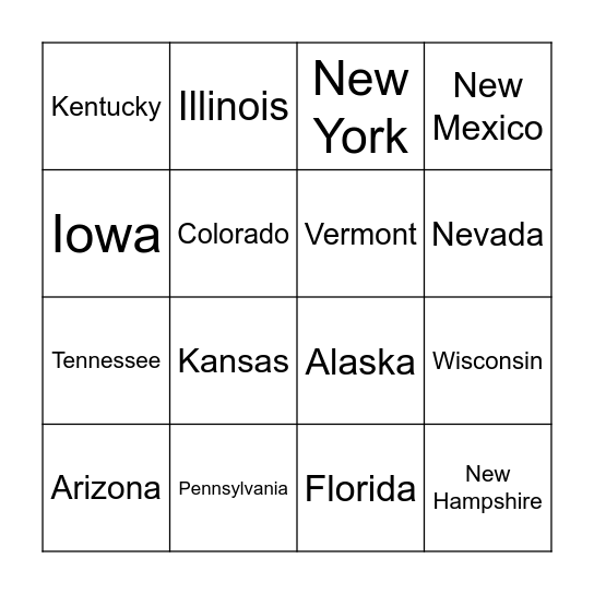 50 States Locations! Bingo Card