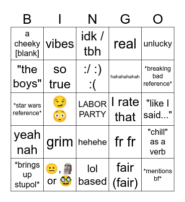 Sam Resposes Bingo Card