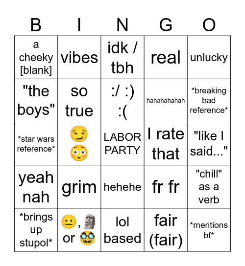 Sam Resposes Bingo Card