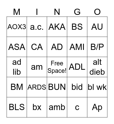 Medical Terminology Bingo  Bingo Card