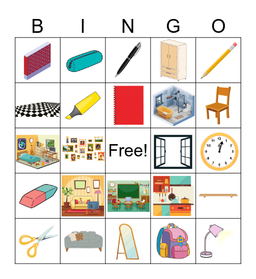 School items + rooms Bingo Card