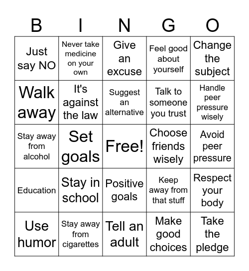 Drug Prevention Bingo Card