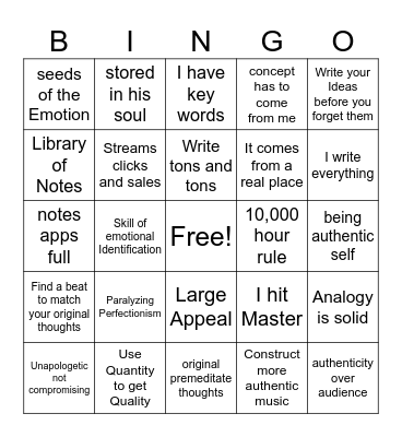 Kenrick Bingo Card