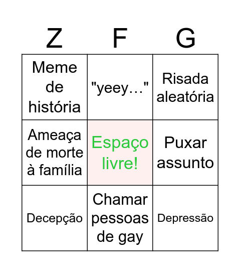 Bingo do Zarik Bingo Card