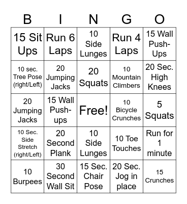 Fitness Bingo Card