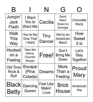 4. 70's Songs (4 Corners) Bingo Card