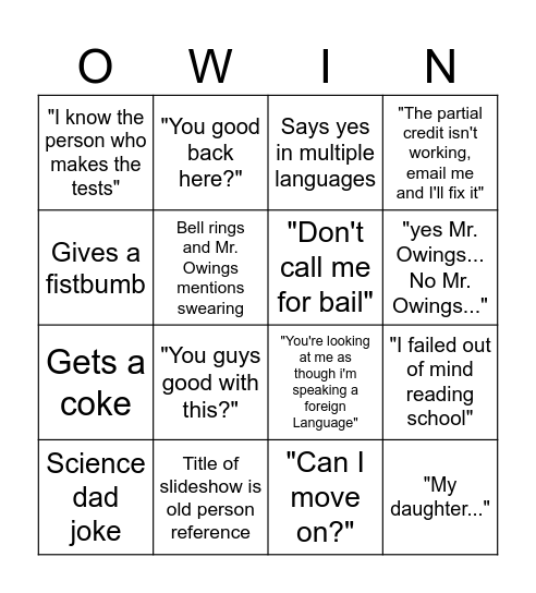 Mr Owings Bingo Card