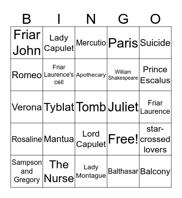 Romeo and Juliet Bingo Card