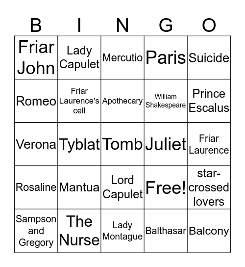 Romeo and Juliet Bingo Card