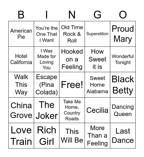 4. 70's Songs (4 Corners) Bingo Card