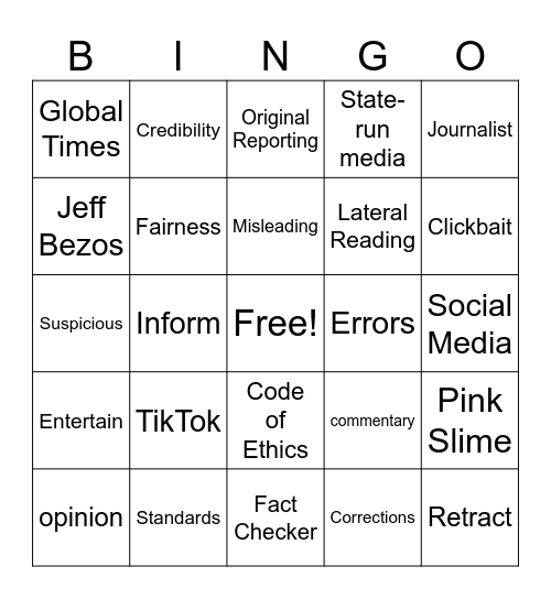 Media Literacy Bingo Card 4052