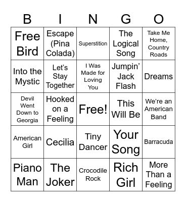 4. 70's Songs (4 Corners) Bingo Card