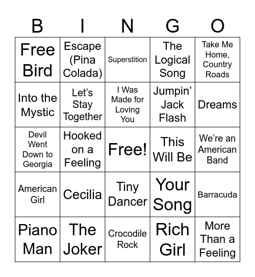 4. 70's Songs (4 Corners) Bingo Card
