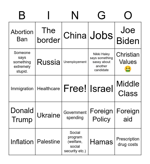 Republican Debate Bingo Card