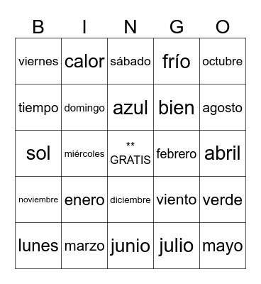 Grade 7 Spanish Bingo Card
