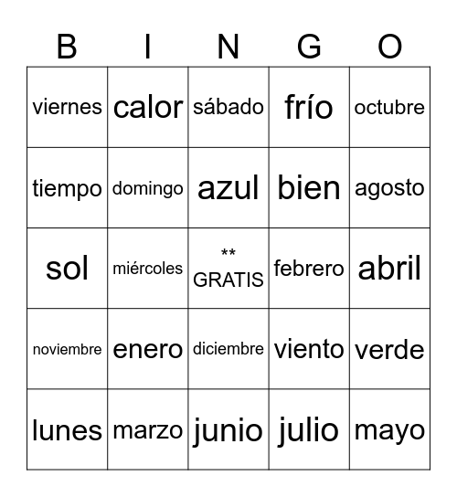 Grade 7 Spanish Bingo Card