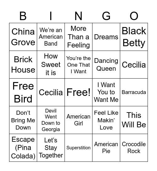 4. 70's Songs (4 Corners) Bingo Card