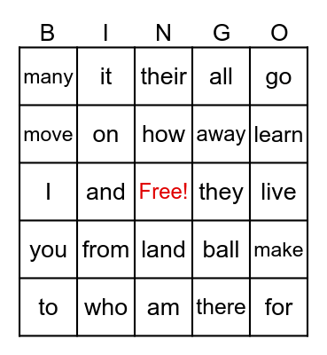 November high frequency words Bingo Card