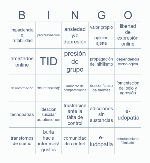 Impacto de las RRSS en nuestra salud mental Bingo Card
