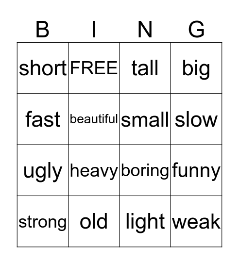 Adjectives Bingo Card