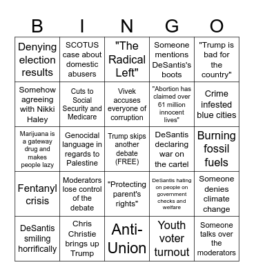 Republican November Debate 2023 Bingo Card