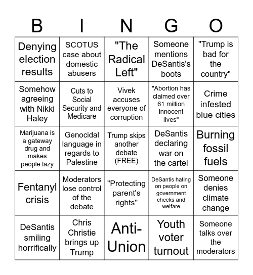 Republican November Debate 2023 Bingo Card