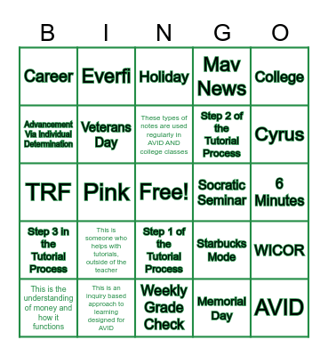 AVID Bingo Card