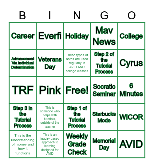 AVID Bingo Card