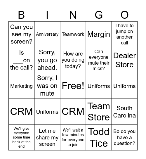 Quarterly Meeting Bingo Card