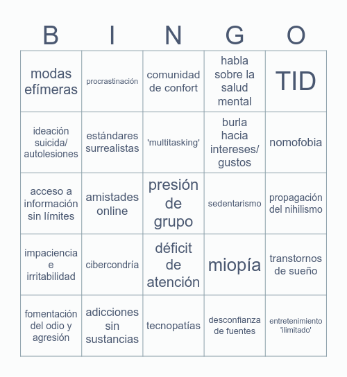 Impacto de las RRSS en nuestra salud mental Bingo Card