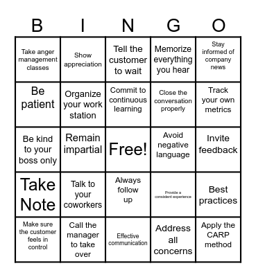 Best Practices in Customer Service Bingo Card